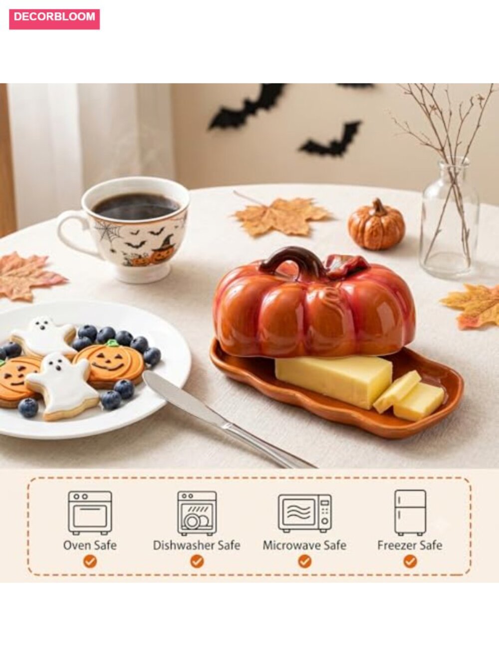 Ceramic Pumpkin Butter Dish Set with Lid, Multipurpose Snack Plate for Kitchen - Picture 3 of 6